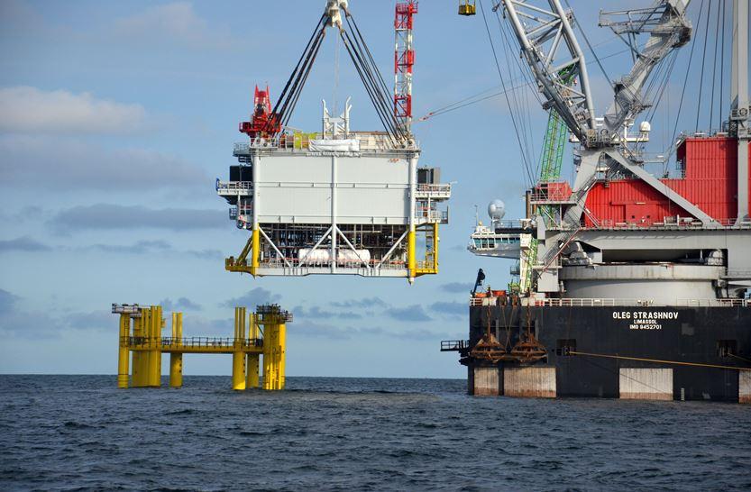 Topside structure of an offshore substation being lifted onto a jacket foundation. Image courtesy of ScottishPower Renewables. All rights reserved.